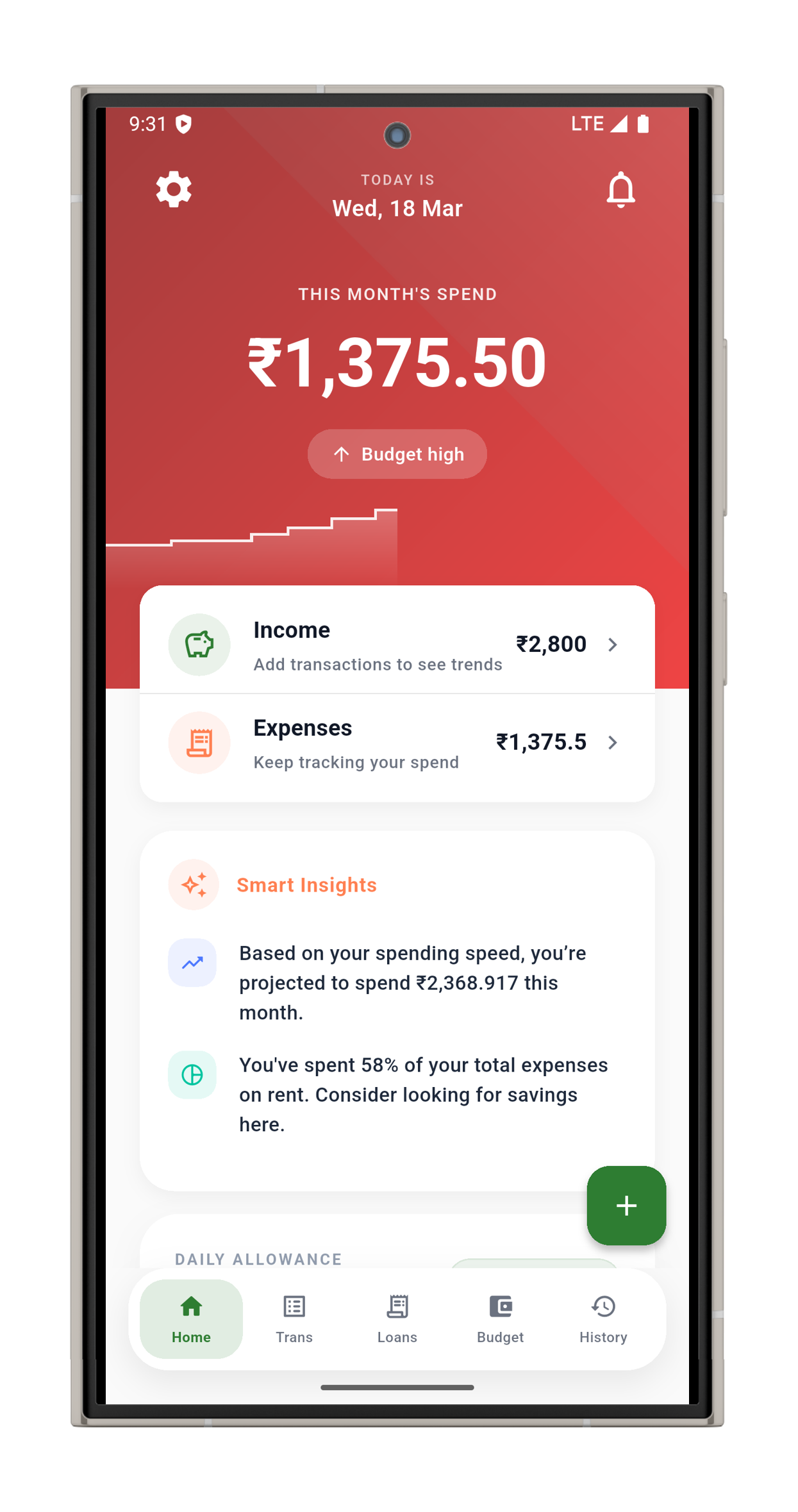 SpendPeel home dashboard screen